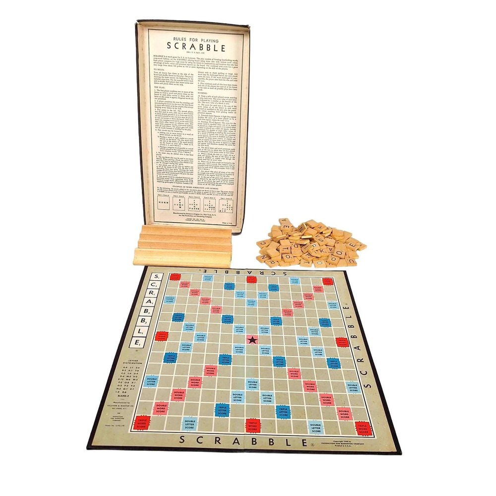 Vintage Scrabble Board Game Selchow & Righter Wood‎ Tiles Racks 1953 Edition
